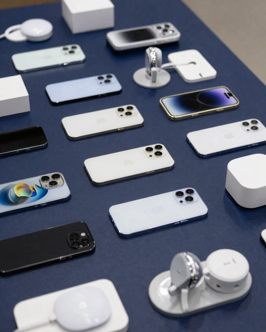 Clean studio-style overhead view of a neatly organized display of smartphones and accessories on a dark blue surface, so
