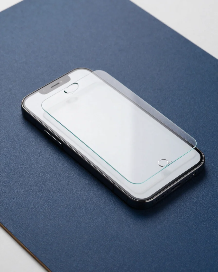 Clean overhead studio shot of a smartphone being fitted with a te